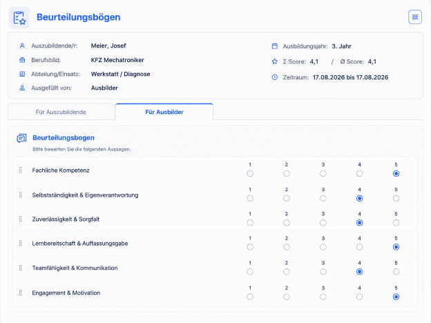 Digitale Beurteilungsbögen in Azubiheft